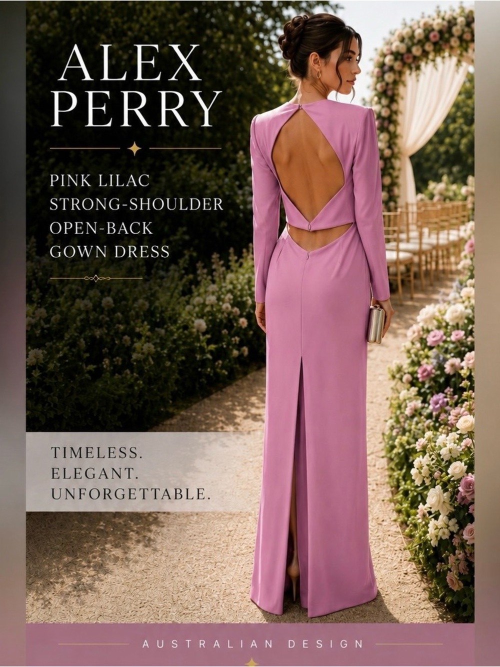 Alex Perry Pink Lilac Strong-Shoulder Open-Back Gown Dress
